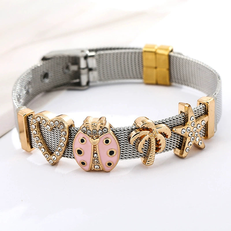 Just Lil Things Charming Silver Mesh Bracelet with Playful Gold and Crystal Accents JLTB0862