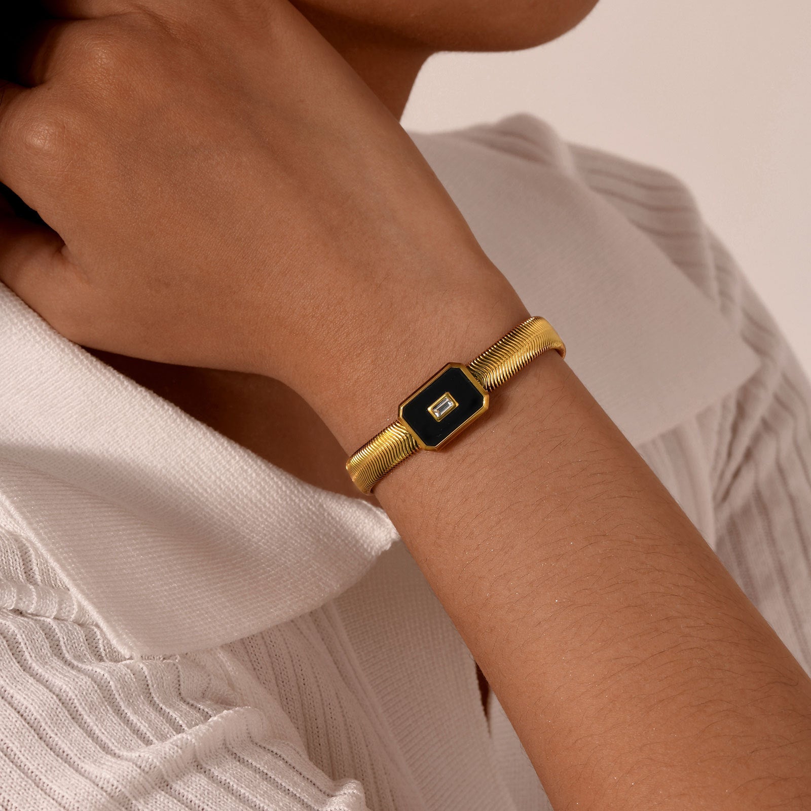 Just Lil Things Luxe Black Enamel & Rectangular Stone Accent Gold-Toned Snake Chain Bracelet JLTB0857
