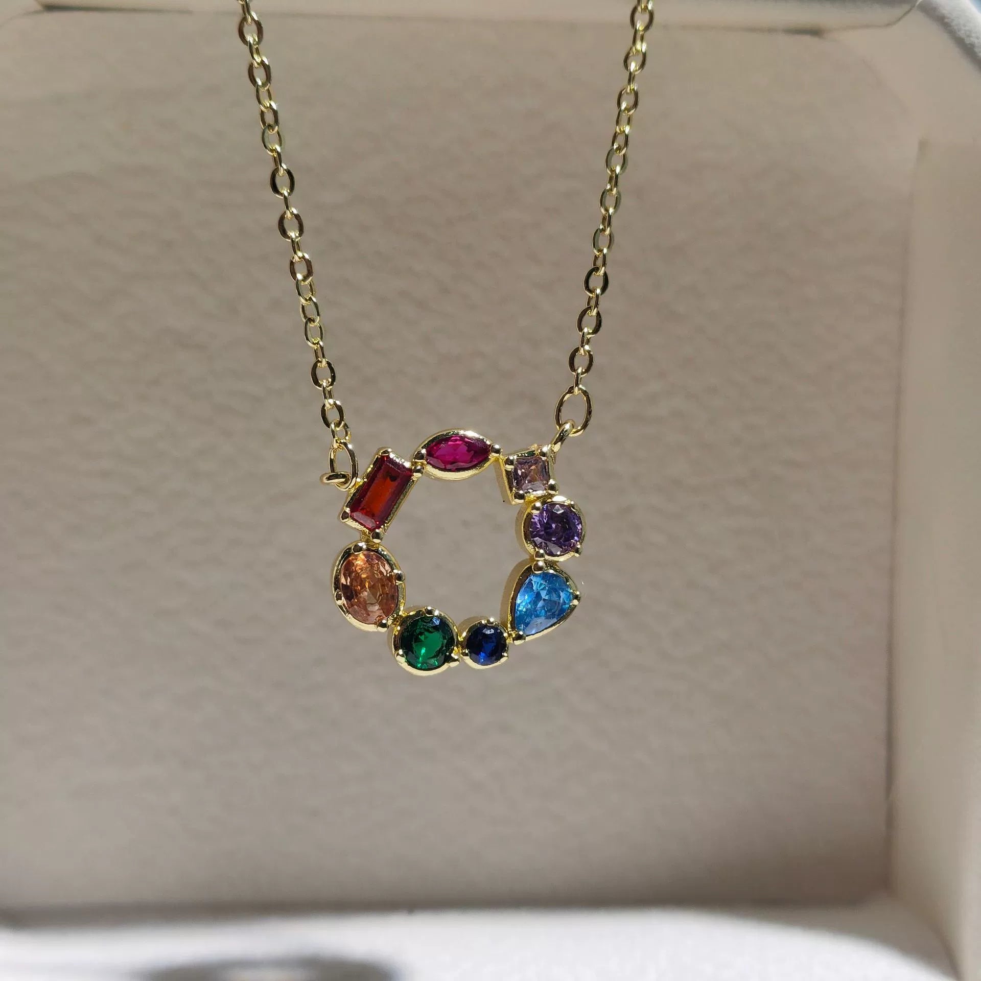 Just Lil Things Rainbow Gemstone Round Pendant Necklace – Colorful Multishape Stone Design on Delicate Chain jltn1593