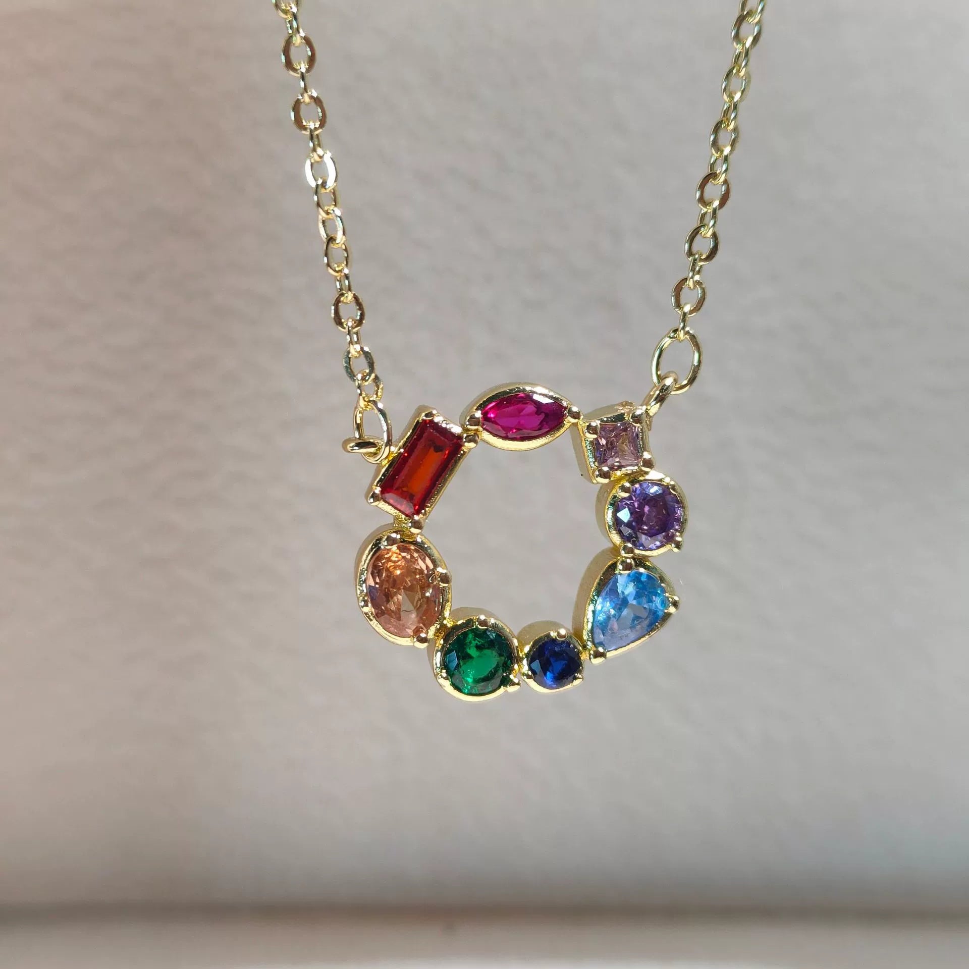 Just Lil Things Rainbow Gemstone Round Pendant Necklace – Colorful Multishape Stone Design on Delicate Chain jltn1593