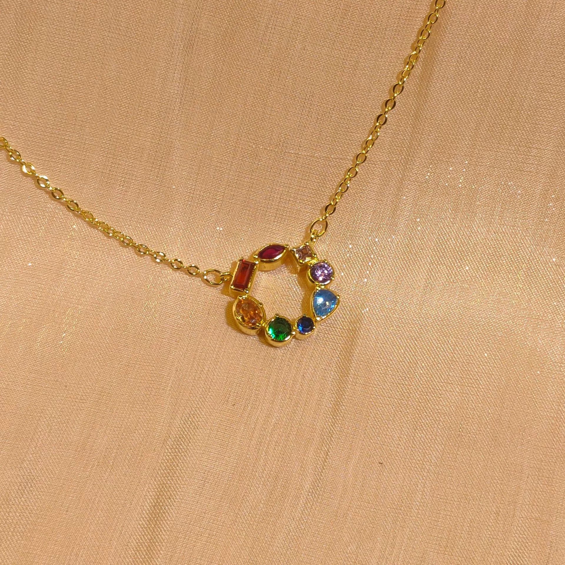 Just Lil Things Rainbow Gemstone Round Pendant Necklace – Colorful Multishape Stone Design on Delicate Chain jltn1593