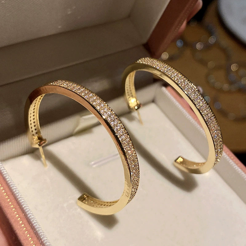 Just Lil Things Sleek Metallic Half Hoop Earrings – Wide-Band Design with Pavé Crystal Accents jlt13302