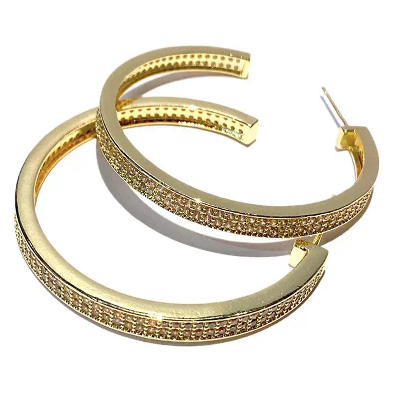 Just Lil Things Sleek Metallic Half Hoop Earrings – Wide-Band Design with Pavé Crystal Accents jlt13302