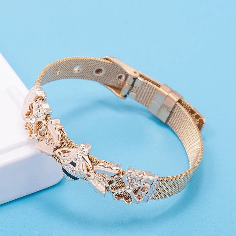 Just Lil Things Rose Gold Mesh Bracelet with Butterfly & Crystal-Accented Flower Charms JLTB0865