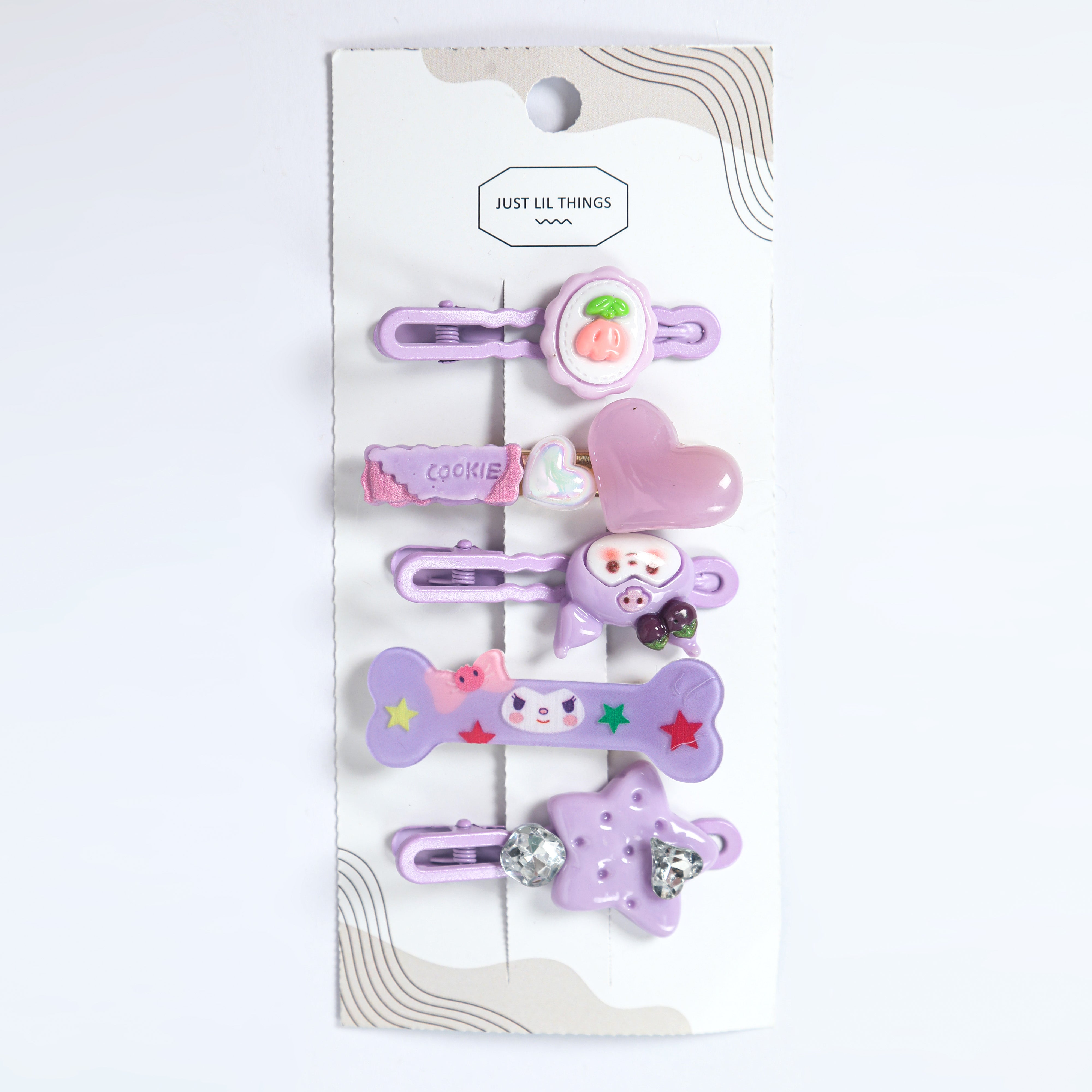 Just Lil Things Purple Dream Hair Clip Set – 5-Piece with Star, Cookie, Cartoon & Heart Designs jltc0095