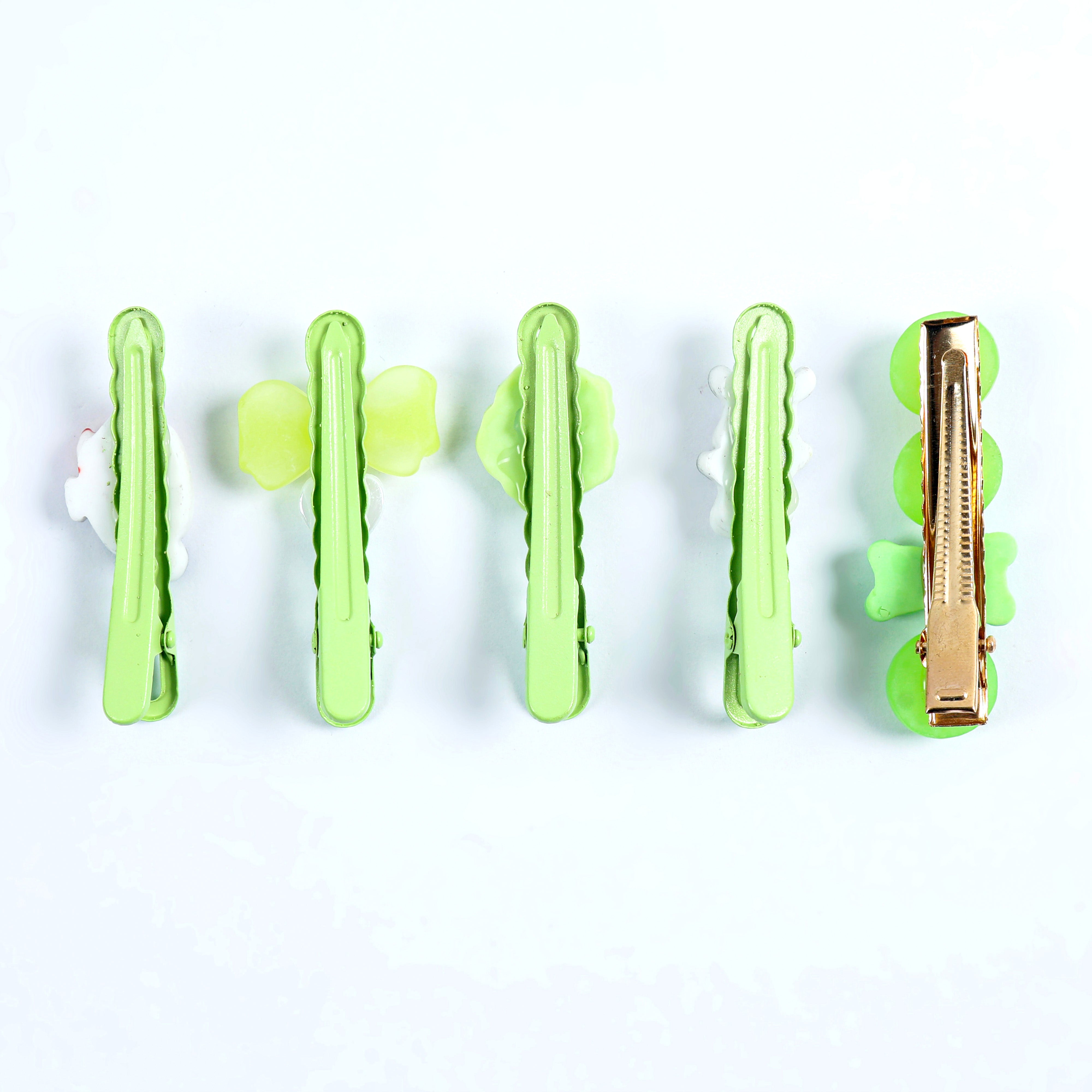 Just Lil Things Green Cartoon Hair Clip Set – 5-Piece with Puppy, Bow, Bear & Fruit Designs jltc0094