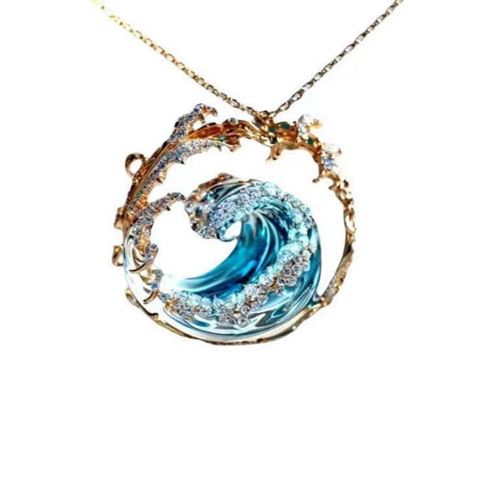 Just Lil Things Ocean Crest Wave Pendant Necklace – Blue Resin & Crystal Splash Design jltn1607