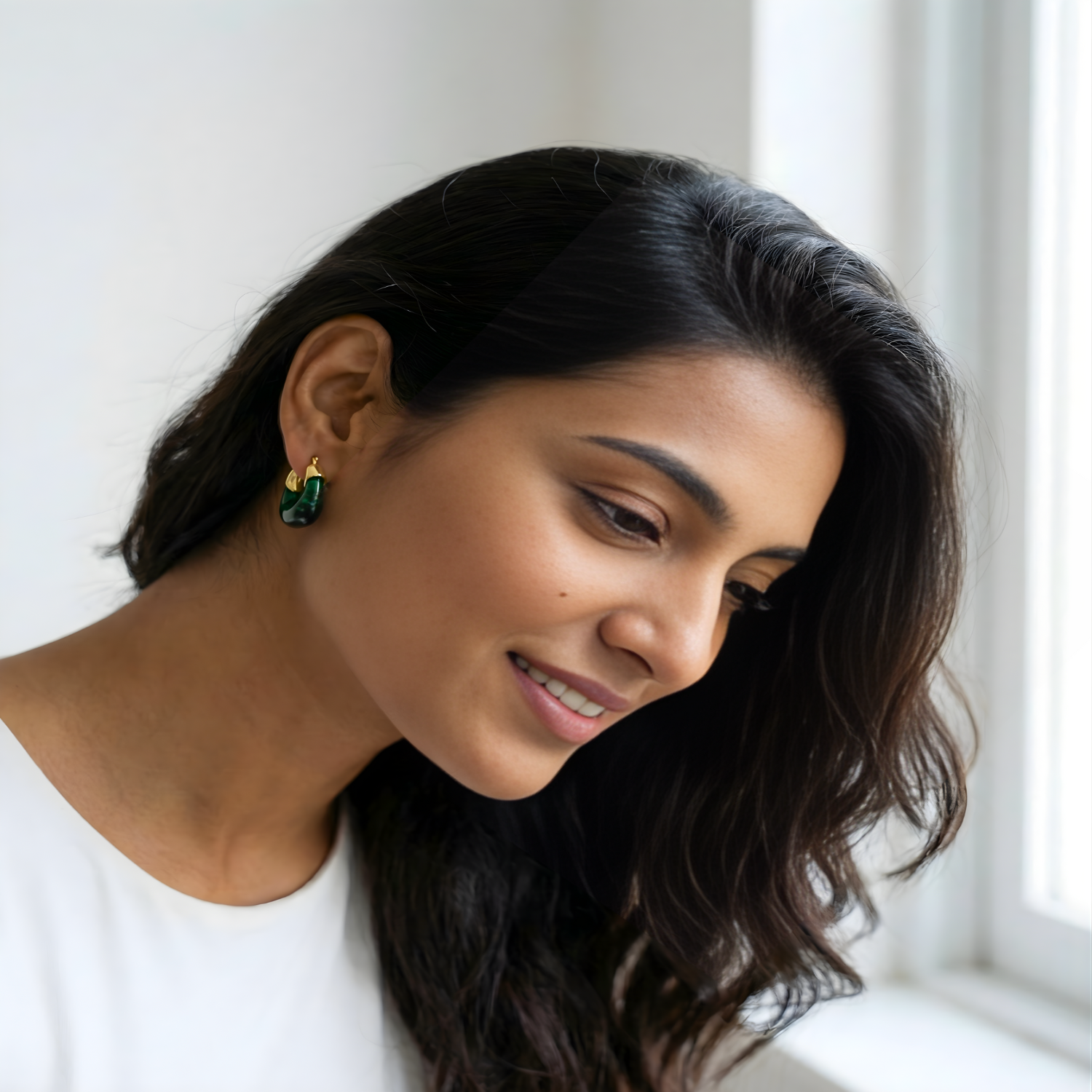 U Shaped Green Hoop Earrings JLT11344