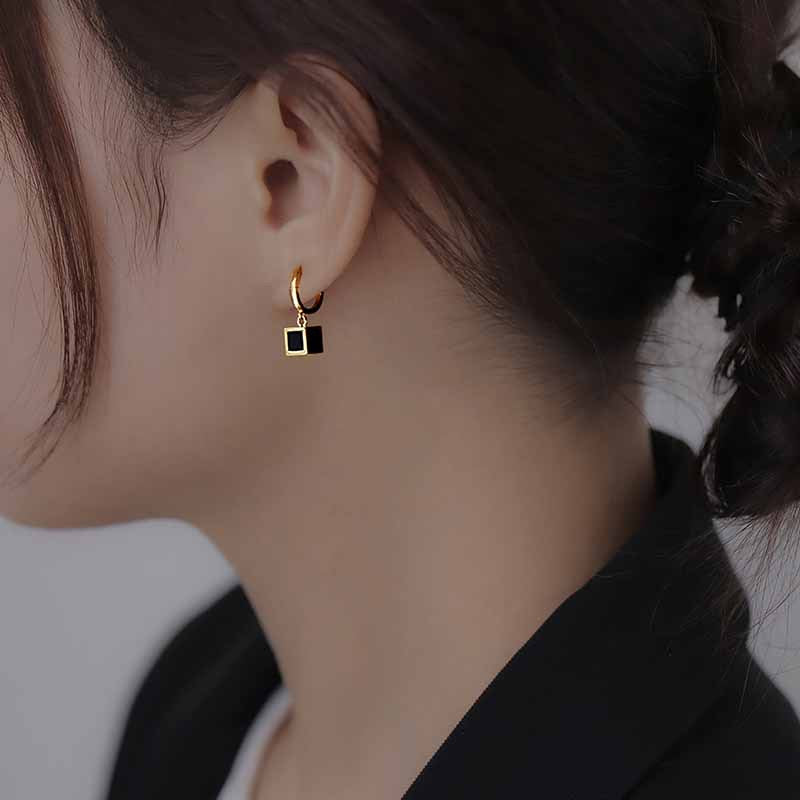 Minimalist Hoop Square Drop Earrings with black Accents jlt11513