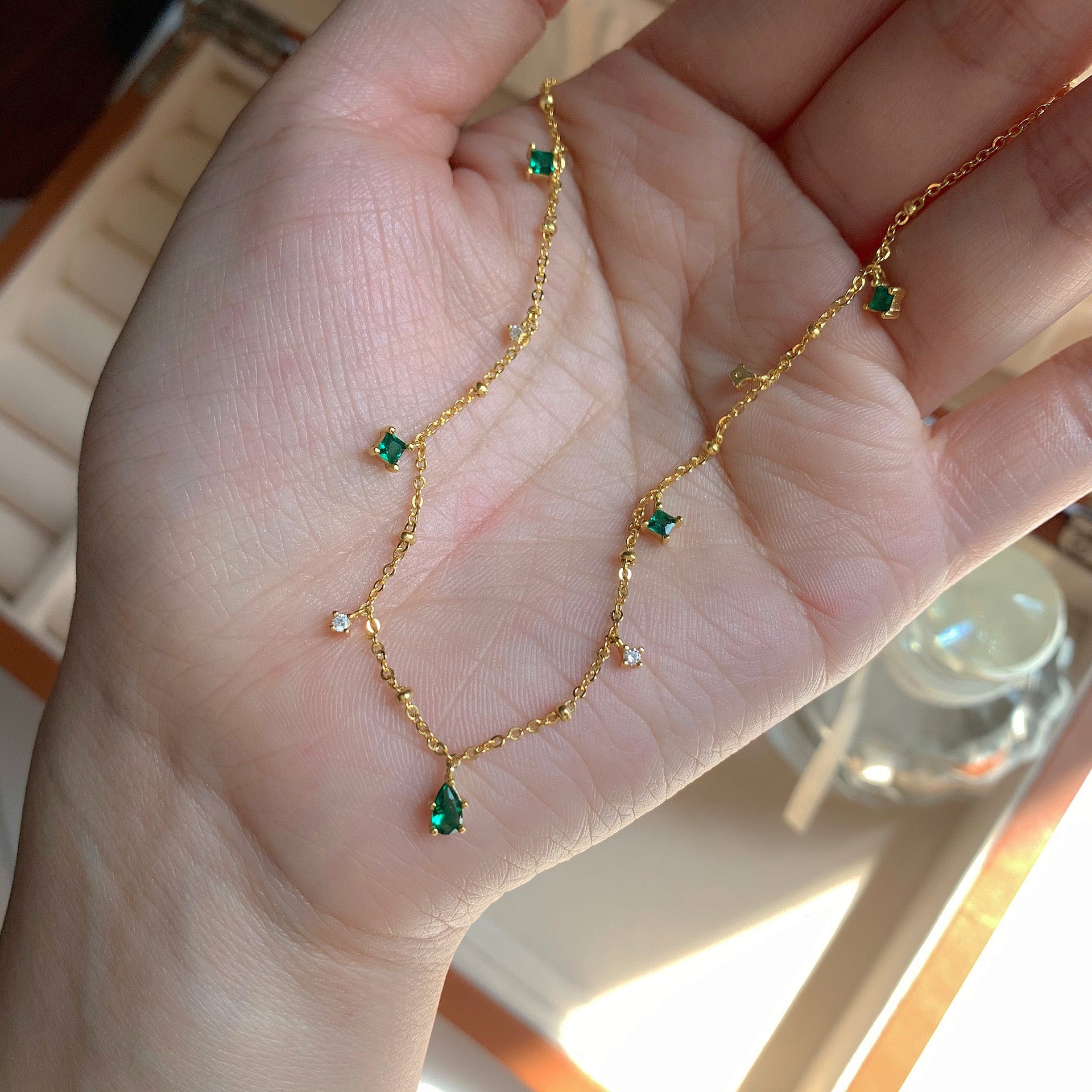 Emerald Green Accents and Clear Crystal Droplets – Dainty and Elegant Jewelry JLTN0530