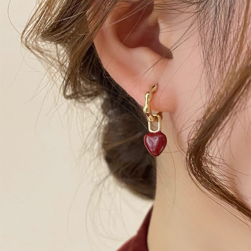 Gold Textured Hoop Earrings with Deep Red Gemstone Charm jlt11757