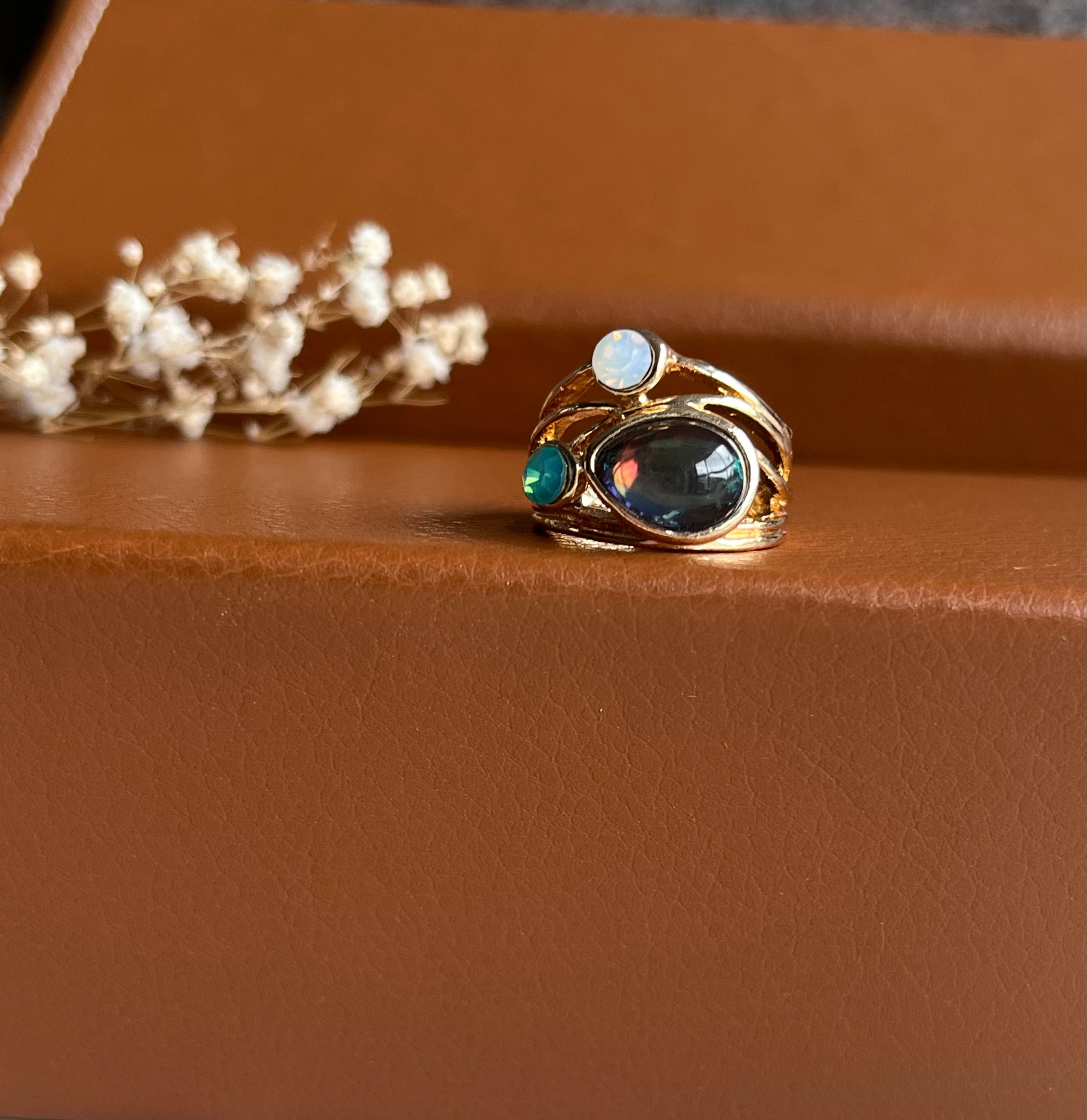 Just Lil Things Labradorite Trio Stone Gold Ring – Bohemian Iridescent Glow jltr0189
