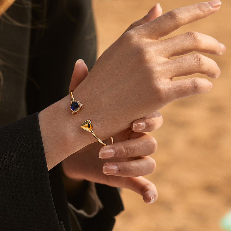 Just Lil Things Artificial Blue Teardrop Solitaire Open Cuff Bracelet – Gold Finish-Bracelets jltb0322