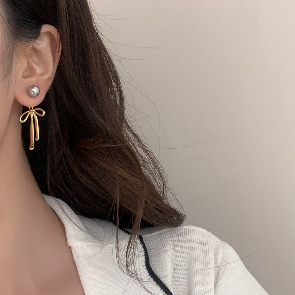 Stunning Pearl Bow Drop Pin Earrings JLT12627