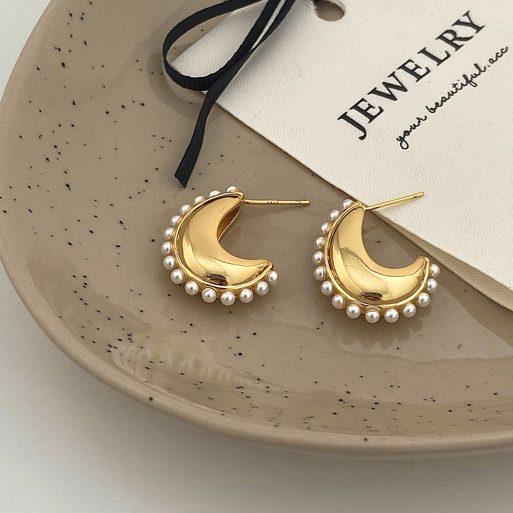 Moon Pearl Paved C Shaped Gold Pin Earrings JLT12679