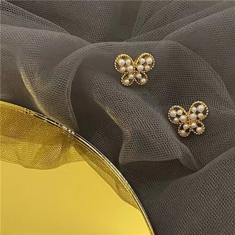 Delicate Pearl Wing Metal Button Butterfly Pin Earrings JLT12691