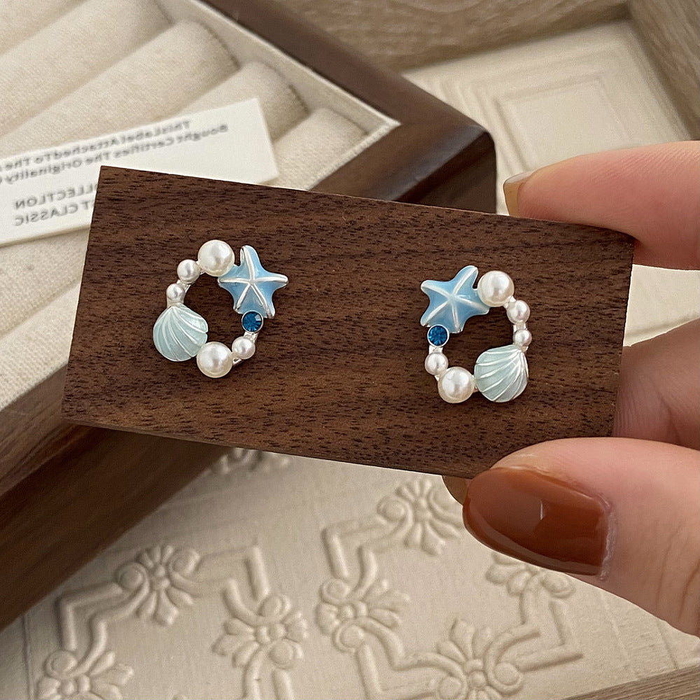Starfish Seashell Blue Stud Earrings JLT12693