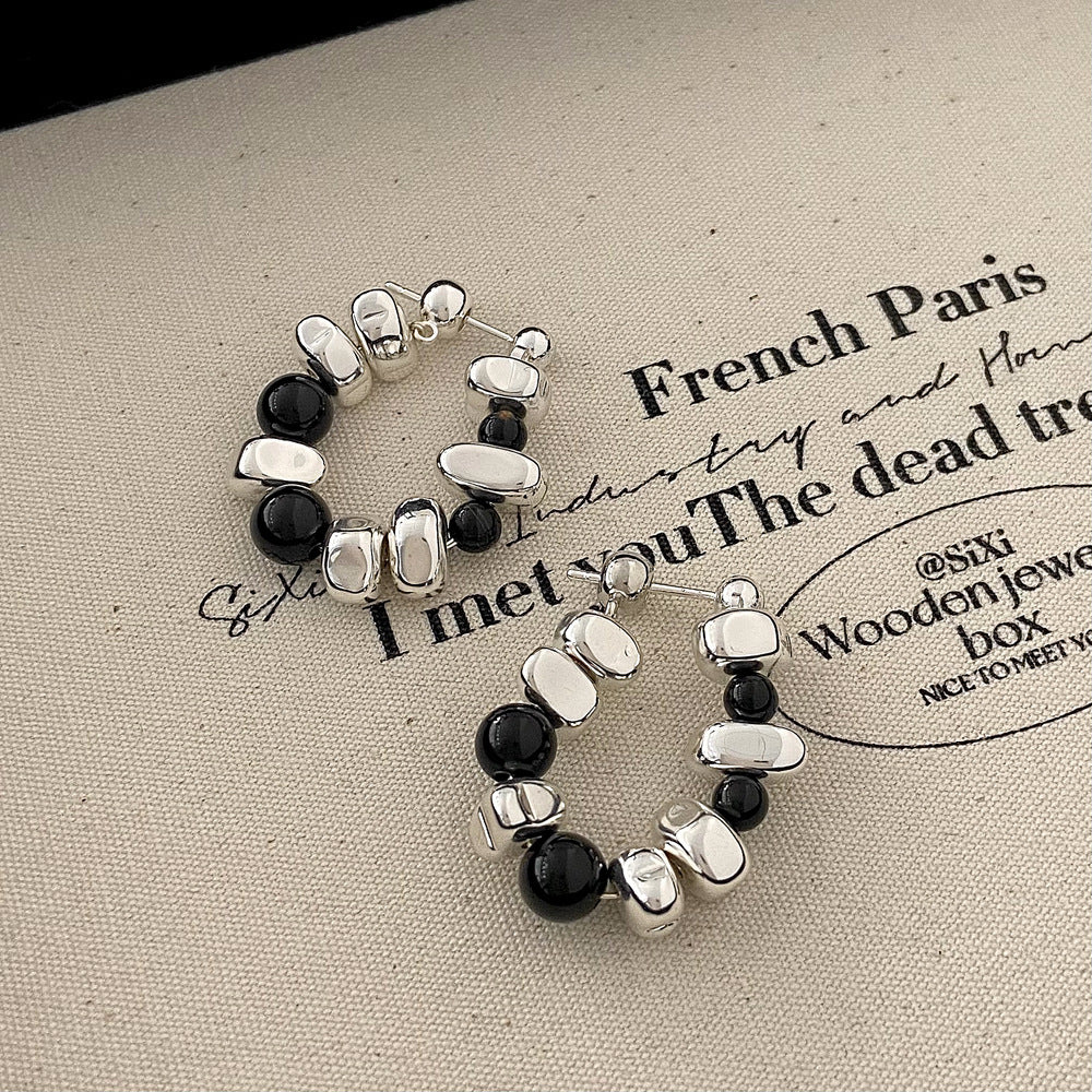 Black Beads & Silver Metal Dangle Multi Color Hoop Earrings JLT12699