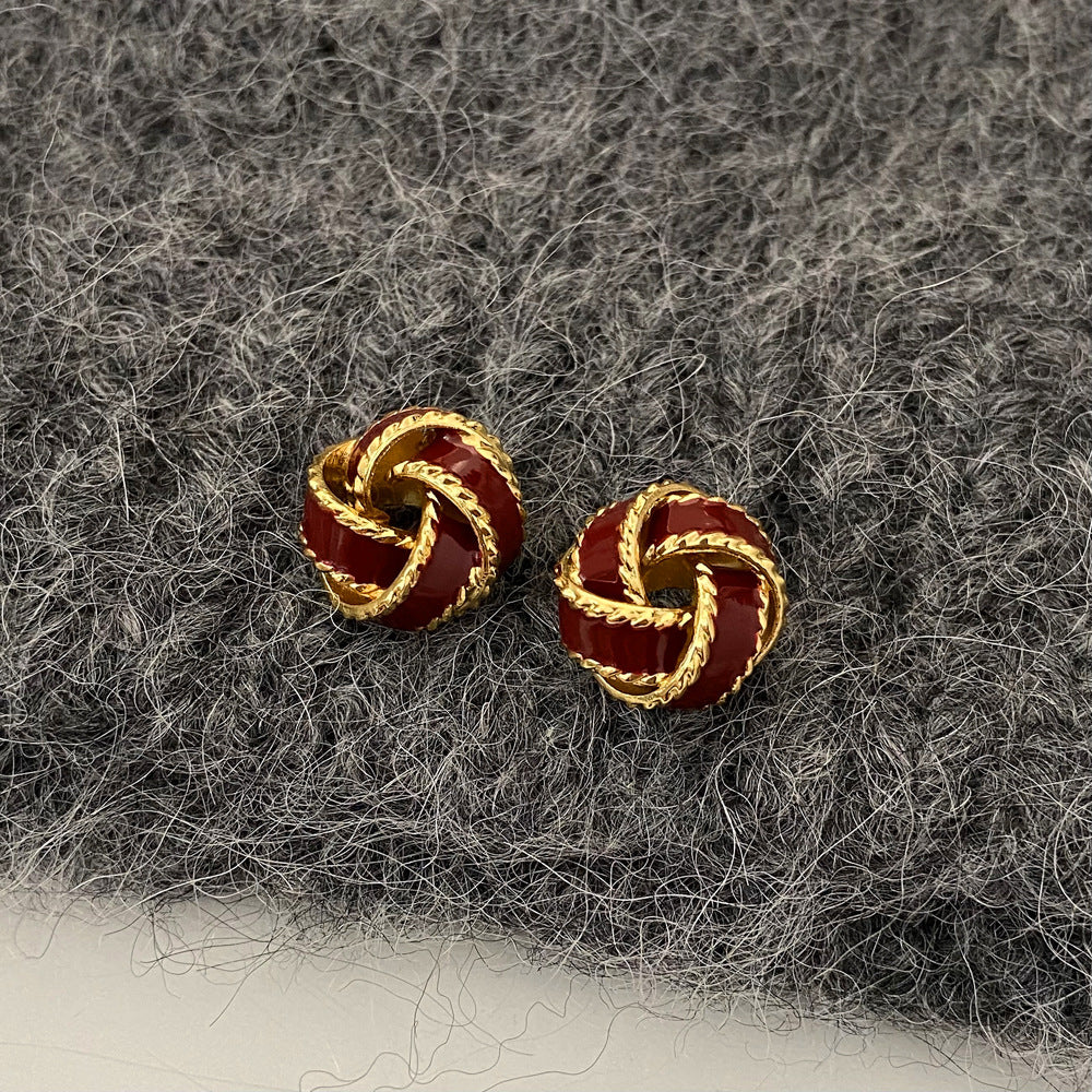 Vintage Trifari Enamel Knot Button Red Stud Earrings JLT12708