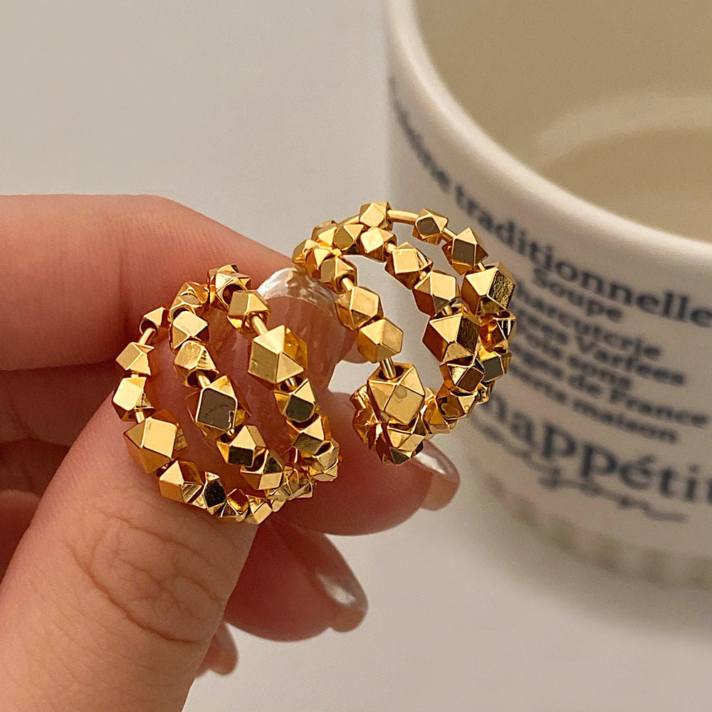 Tri style Metal Ball Circular Gold Hoop Earrings JLT12717