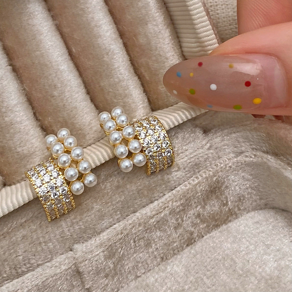 Fancy Pearl Half Circle Gold Huggie Earrings JLT12738