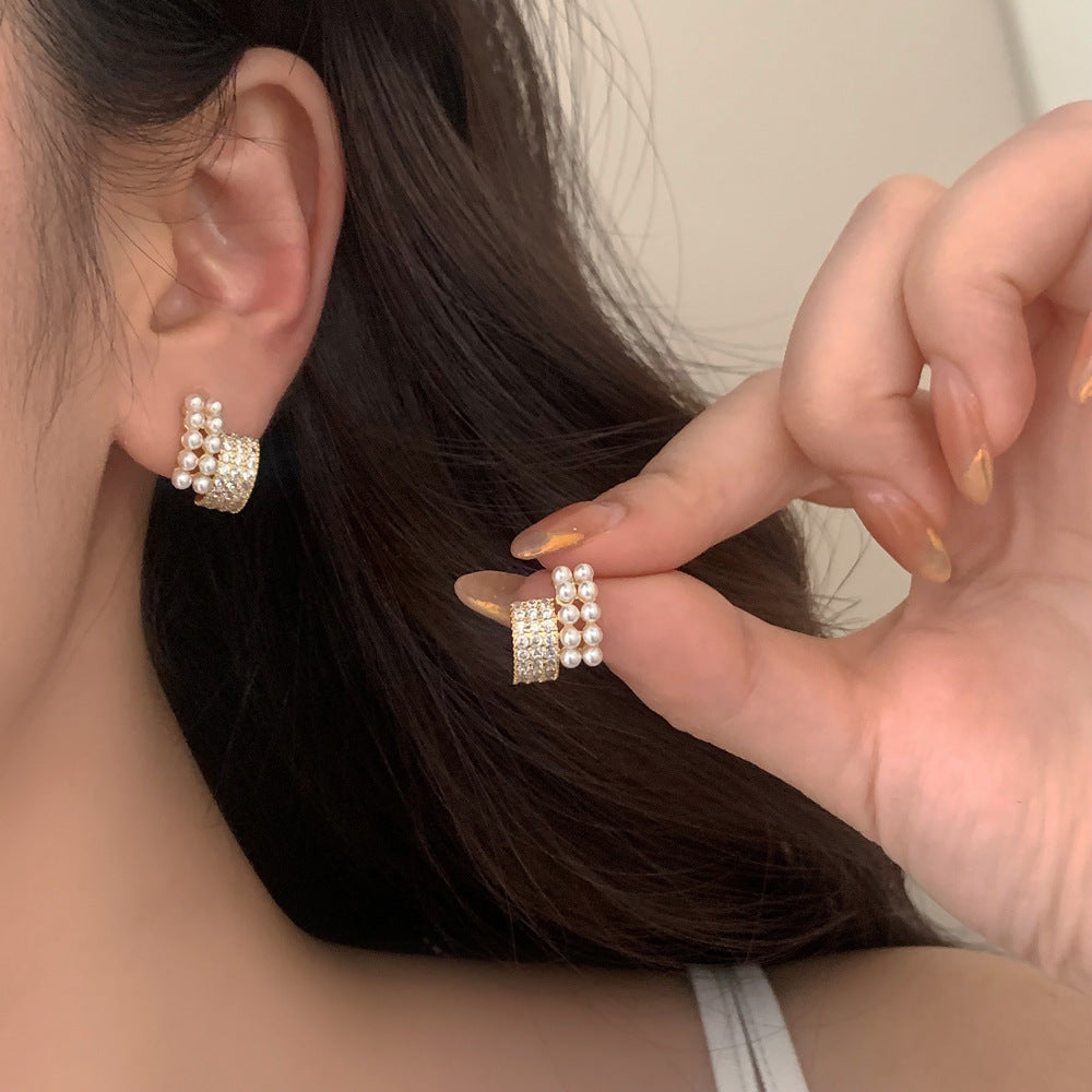 Fancy Pearl Half Circle Gold Huggie Earrings JLT12738