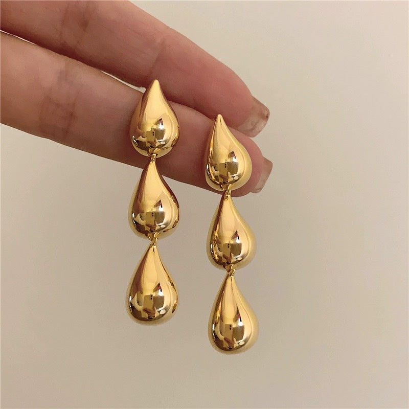 Triple Water Droplet Gold Dangle Earrings JLT12834