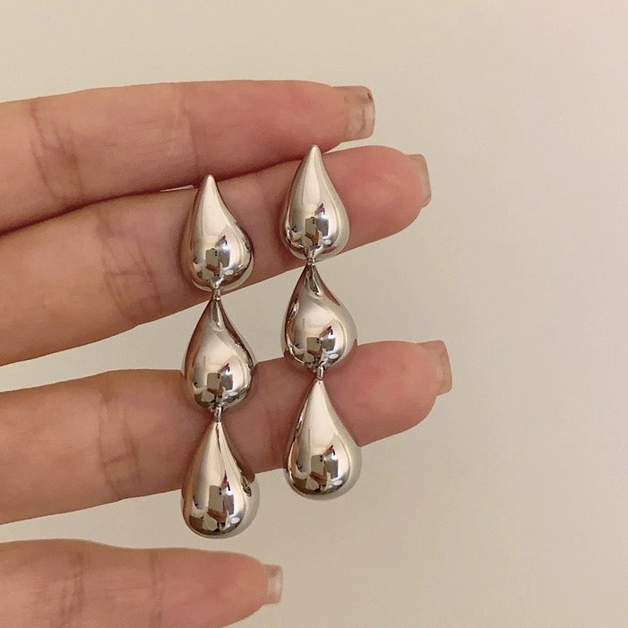 Triple Water Droplet Silver Dangle Earrings JLT12835