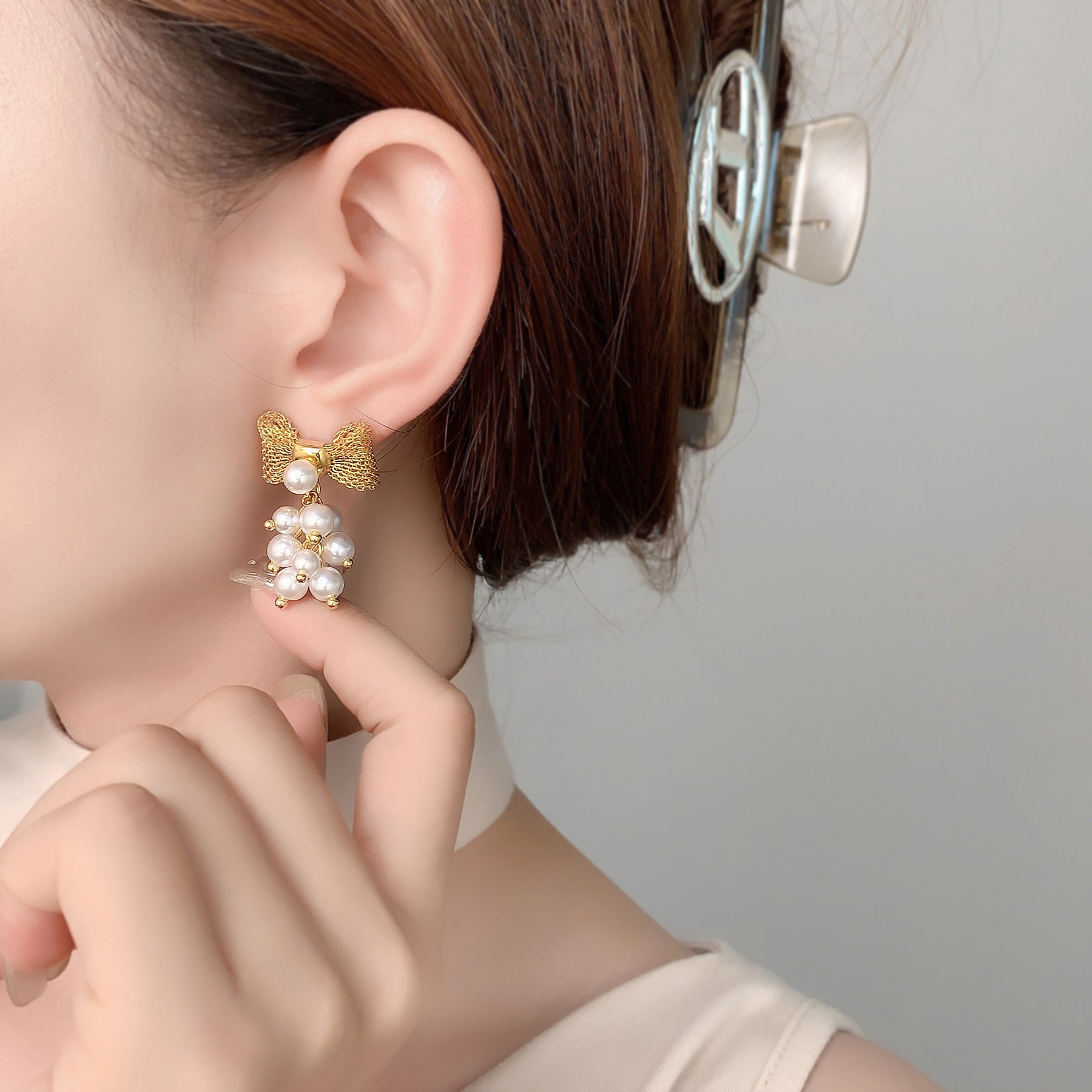 Ribbon Bow Grapes Styled Gold Pin Earrings JLT12868