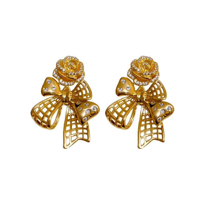 Hollow Beaded Bow Gold Pin Earrings JLT12877