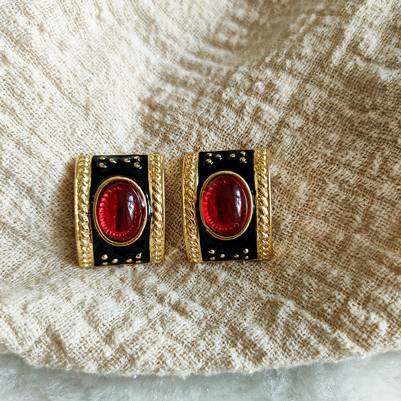 Oval Red Stone Half Hoop Multicolor Earrings JLT12878