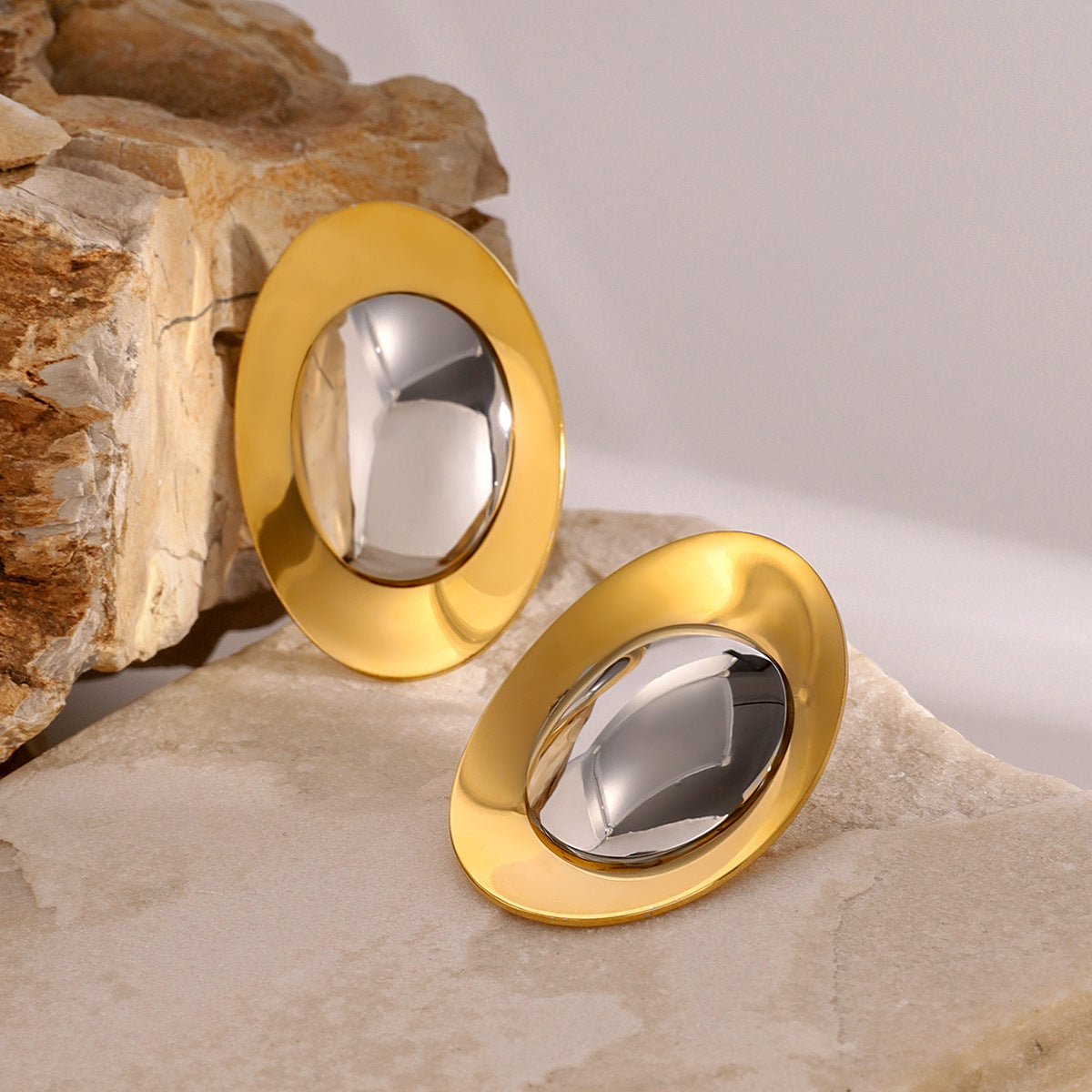 Oval Shaped Duo Rounded Stud Gold-Silver Earring JLT12921