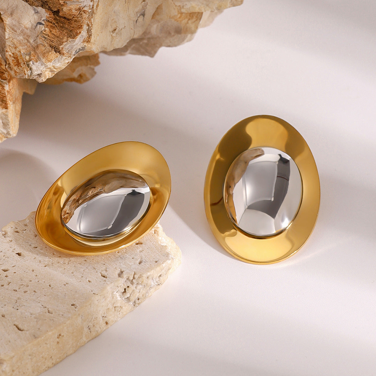 Oval Shaped Duo Rounded Stud Gold-Silver Earring JLT12921