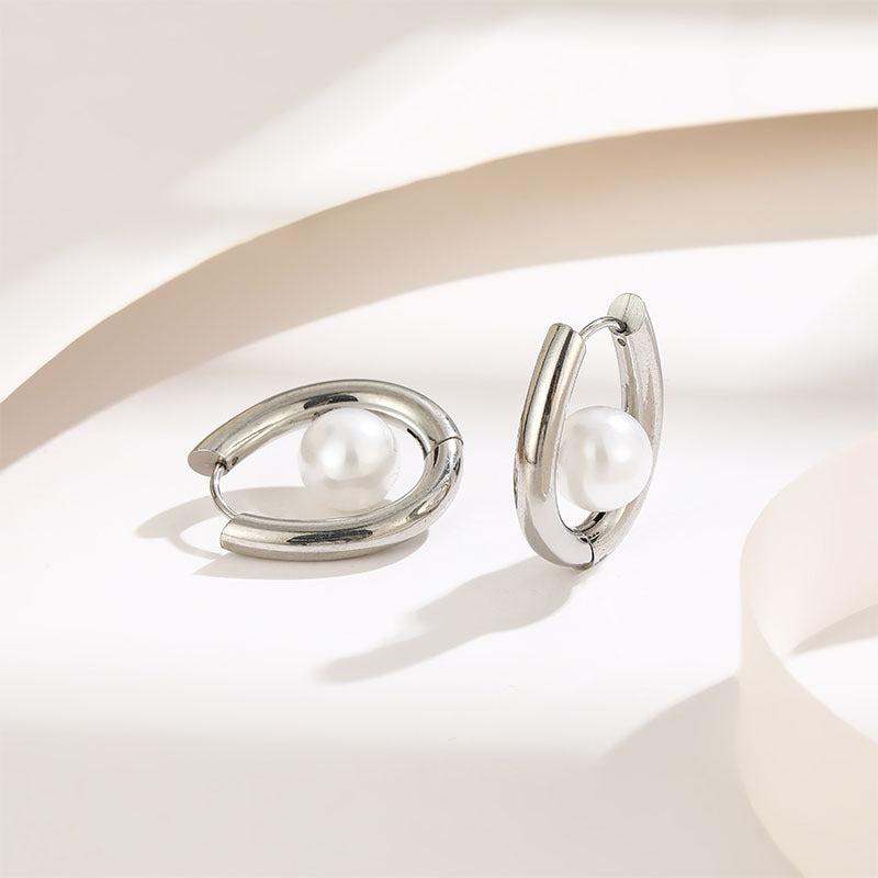 Oval Shaped Pearl Elegance Hoop Silver Earring JLT12983