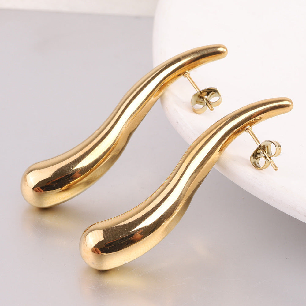 Fluid Curve Gold Earrings – Sleek Modern Statement Style Pin Earring JLT12988