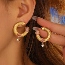 Elegant Gold Hoops with Stone and Floral Detailing JLT13070