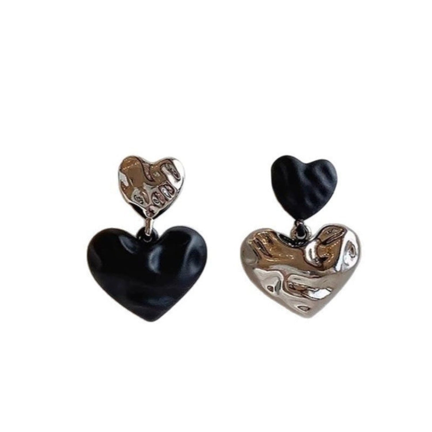 Asymmetrical Black Silver Heart Earrings JLT13529