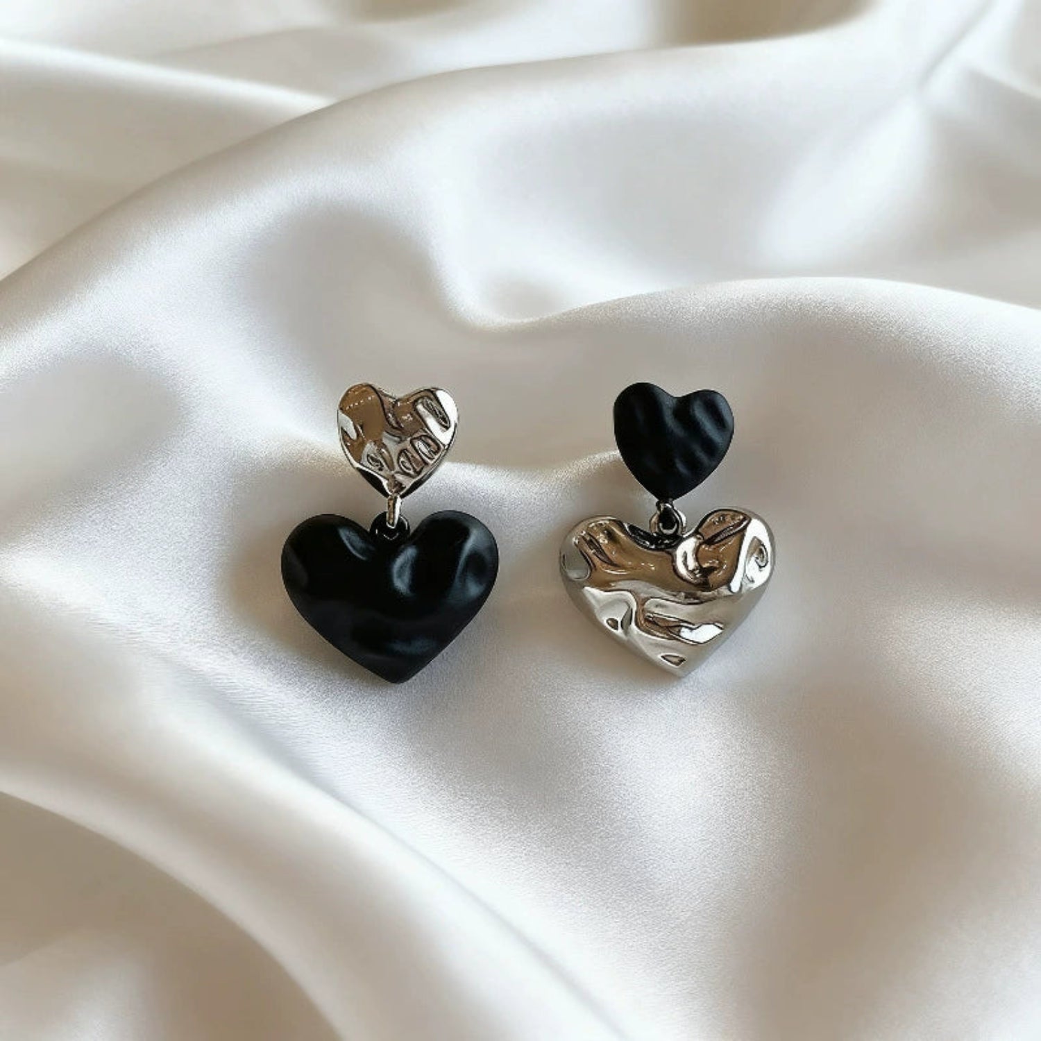 Asymmetrical Black Silver Heart Earrings JLT13529