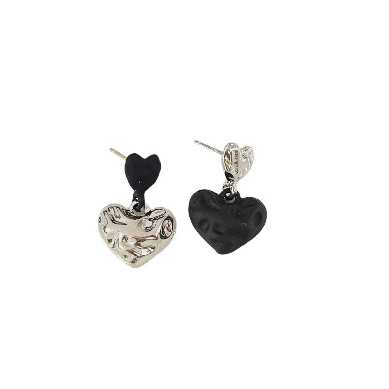 Asymmetrical Black Silver Heart Earrings JLT13529