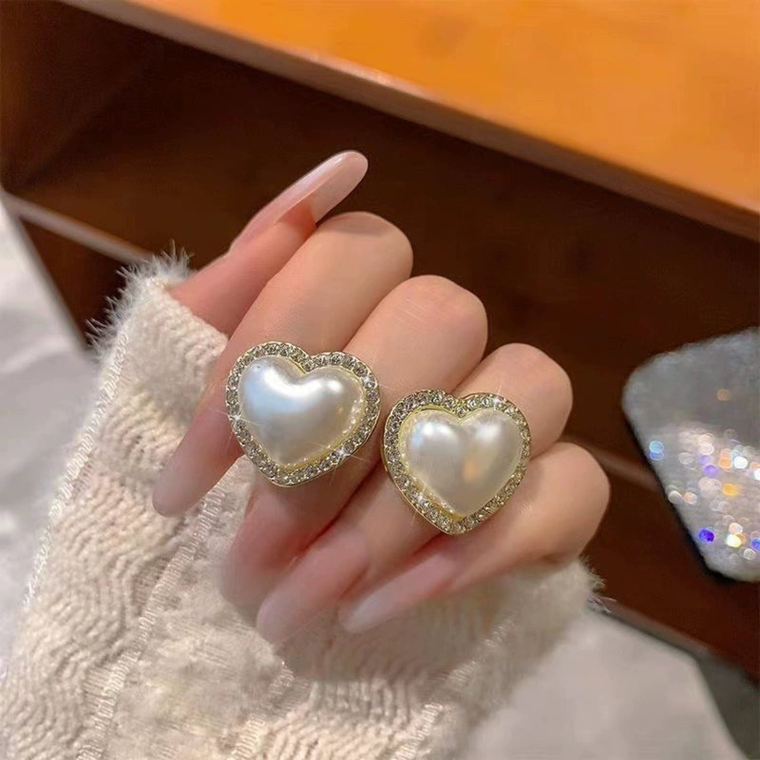Crystal Framed Pearl Heart Earrings JLT13531