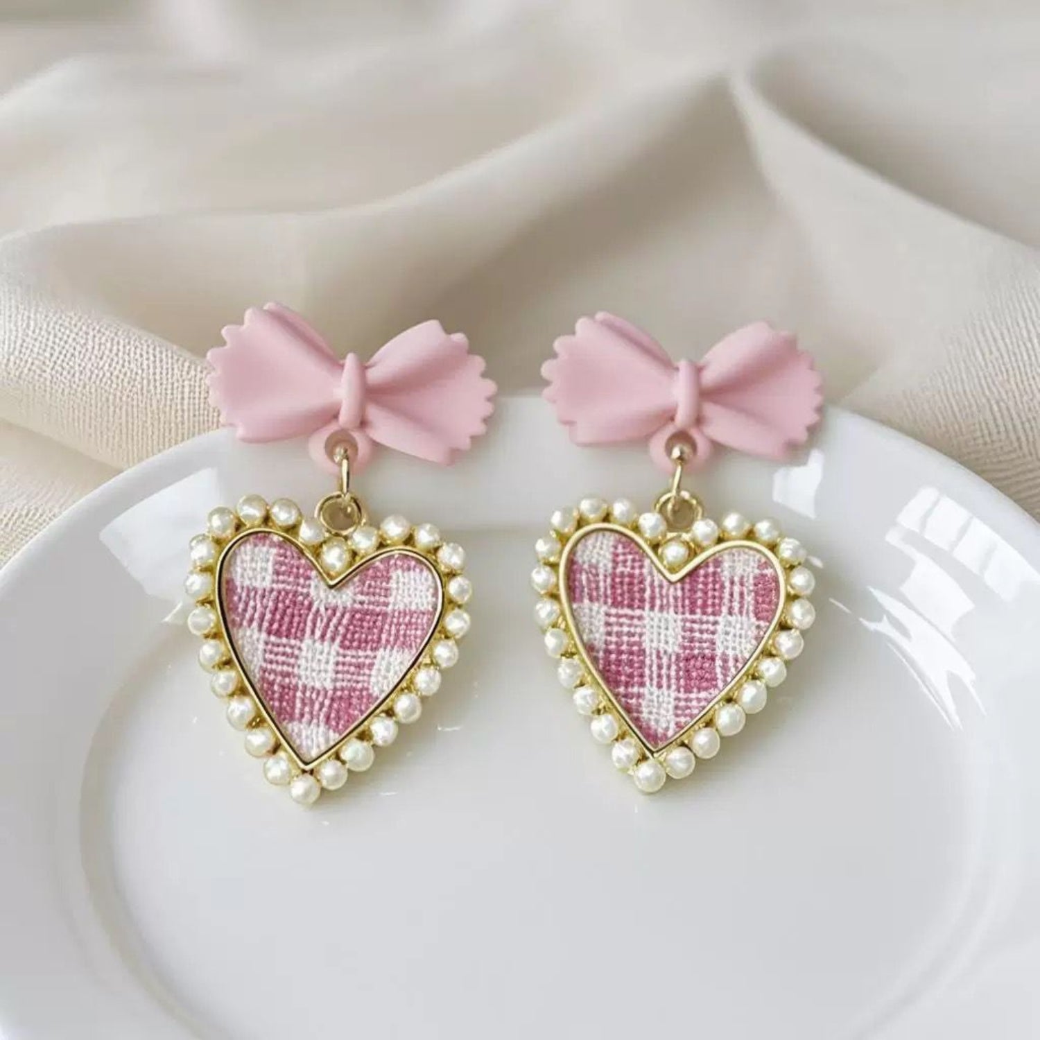 Pink Tweed Bow Heart Earrings JLT13541