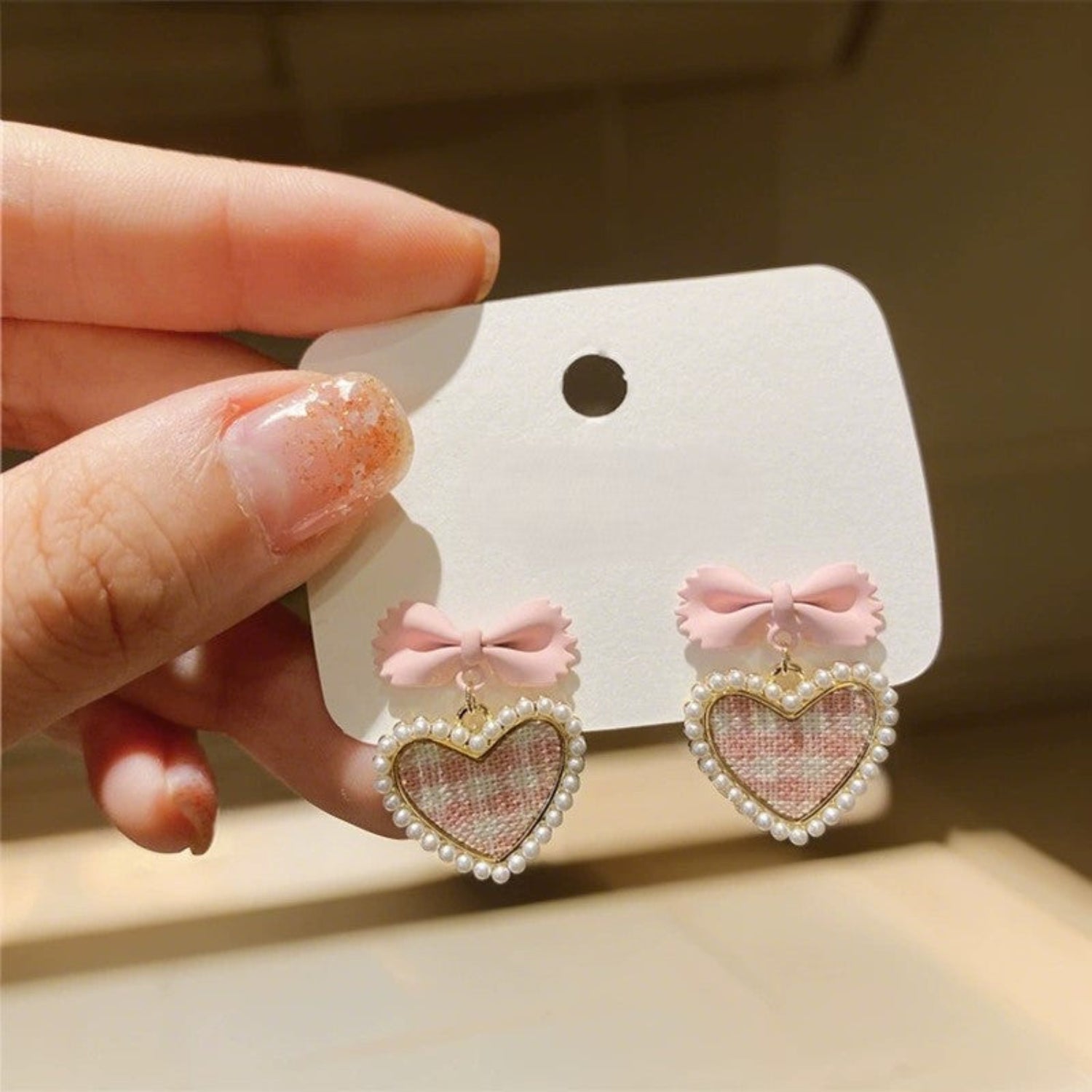 Pink Tweed Bow Heart Earrings JLT13541