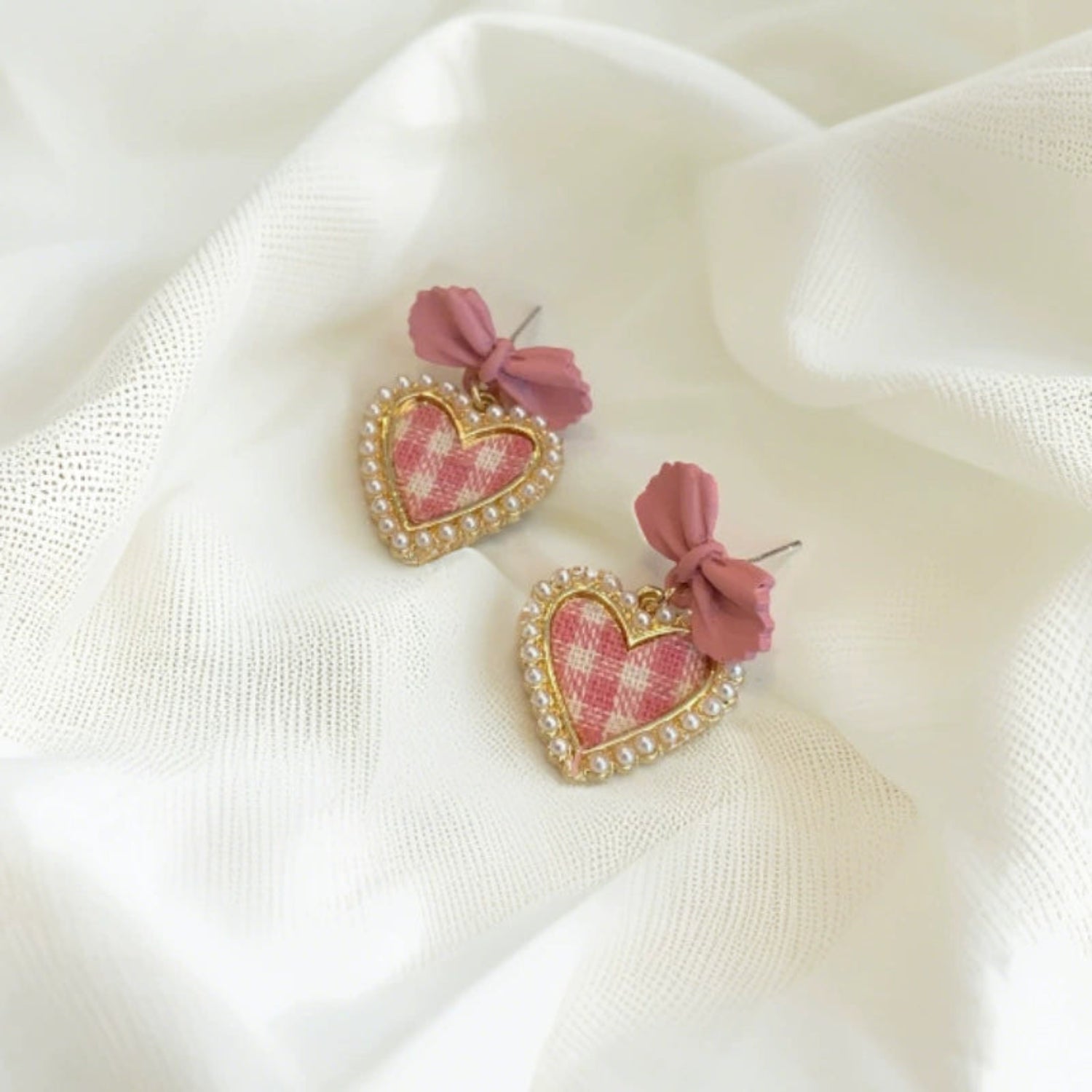 Pink Tweed Bow Heart Earrings JLT13541