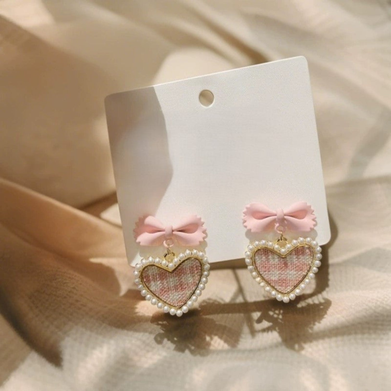 Pink Tweed Bow Heart Earrings JLT13541