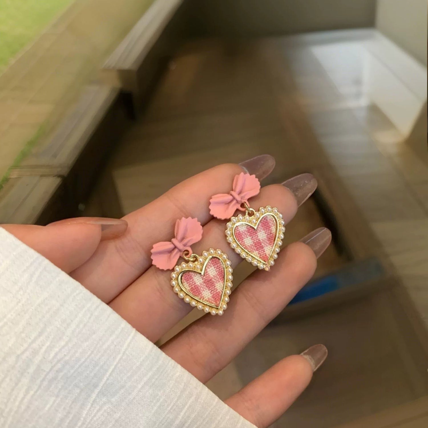 Pink Tweed Bow Heart Earrings JLT13541