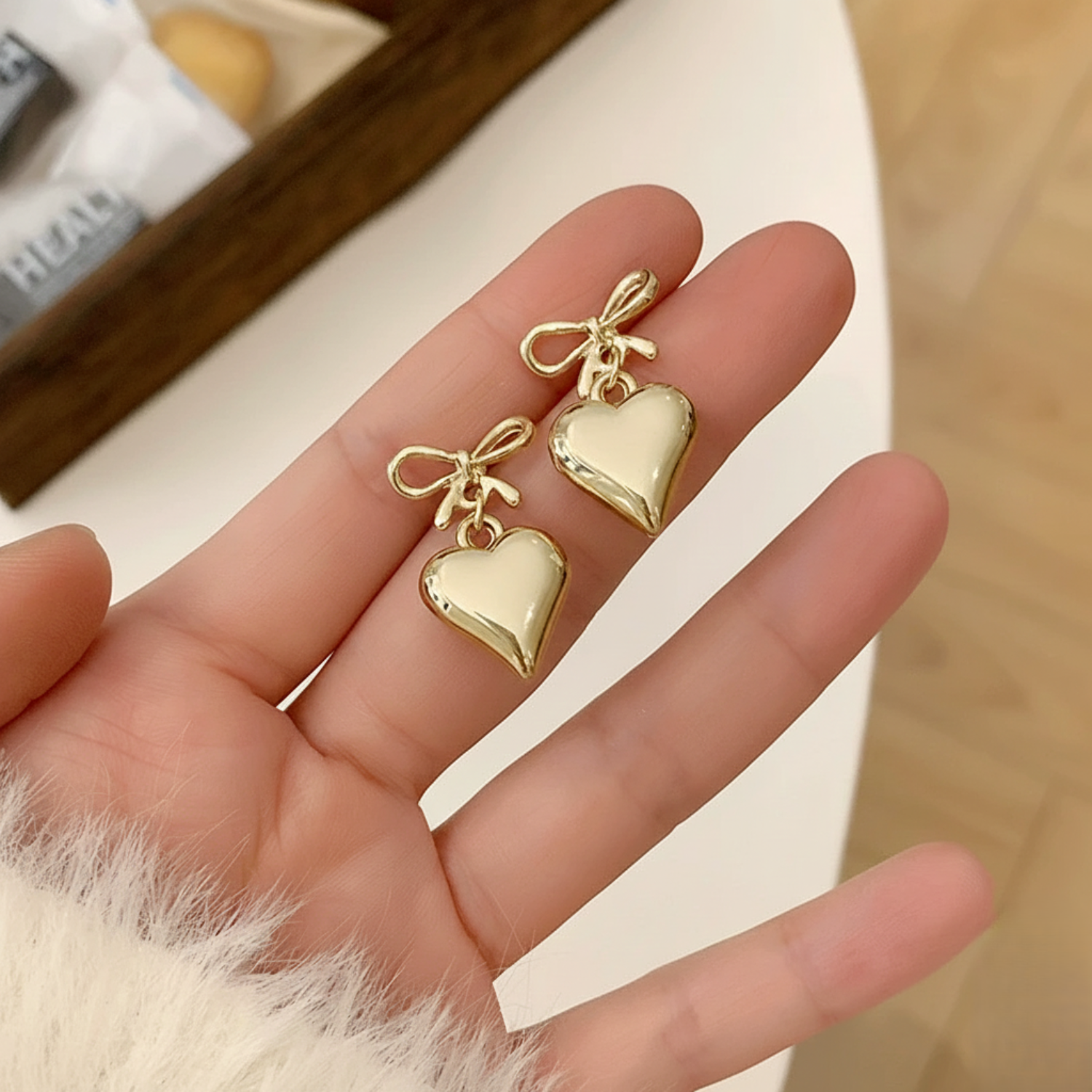 Gold Bow Heart Drop Earrings JLT13546