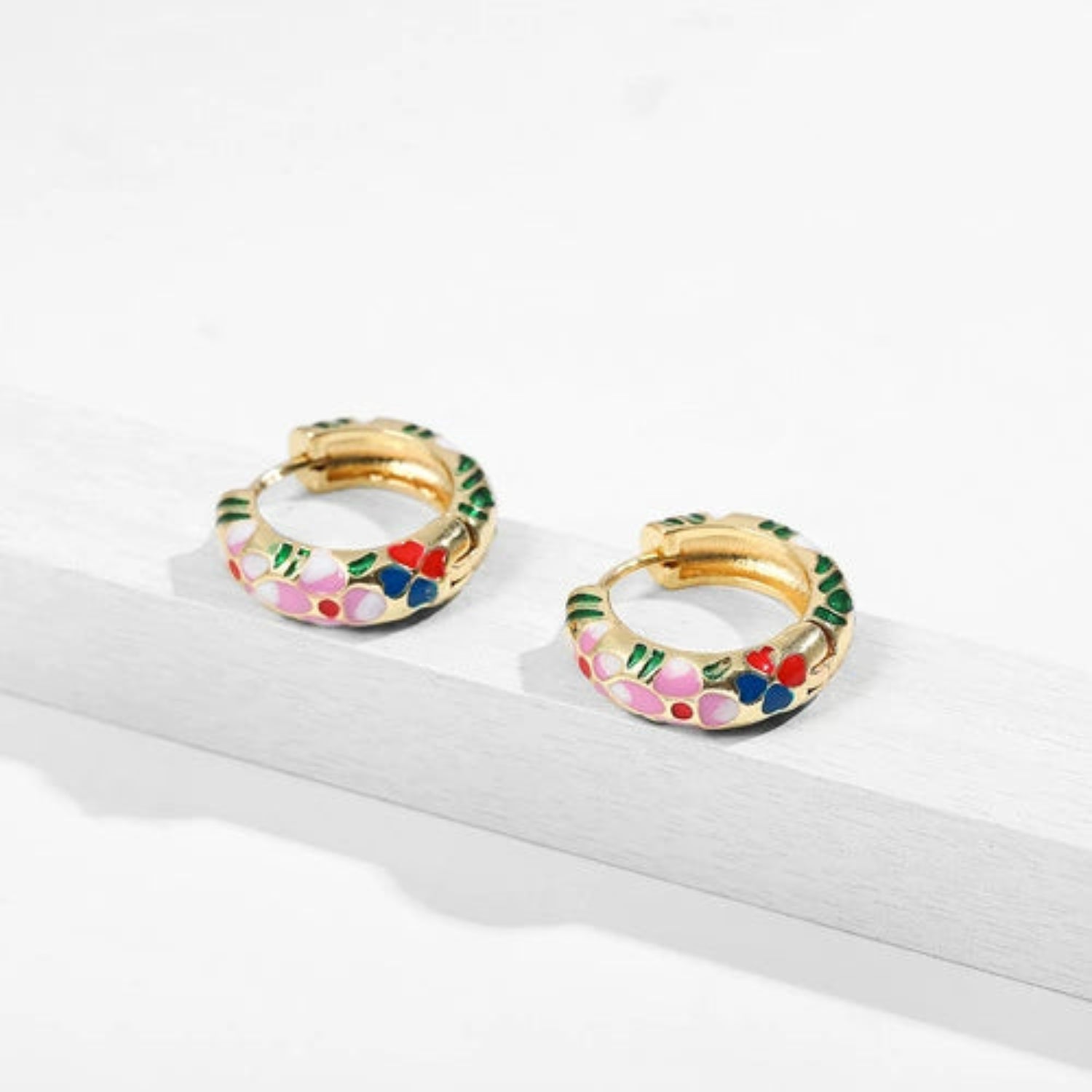 Pink Floral Enamel Gold Hoops JLT13561