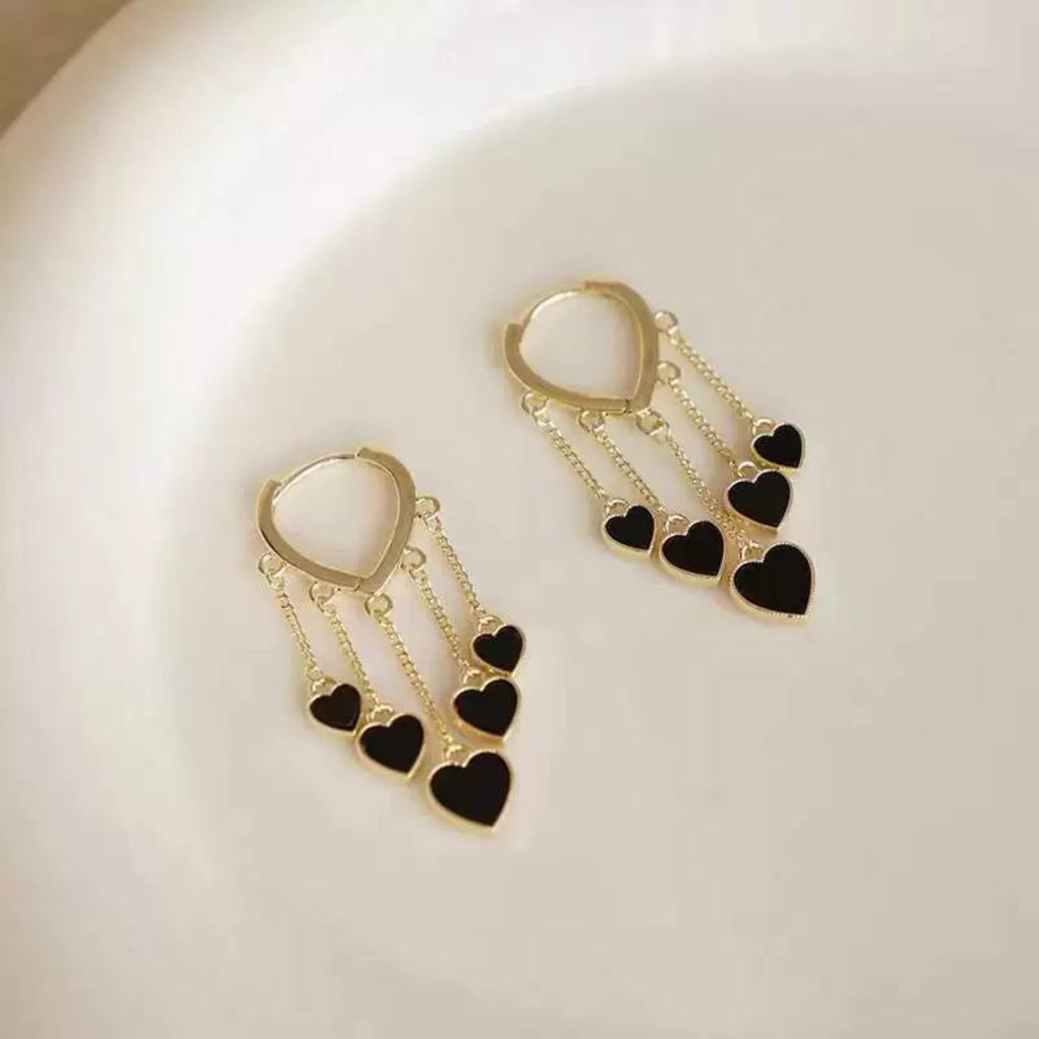 Gold Black Heart Fringe Earrings JLT13562