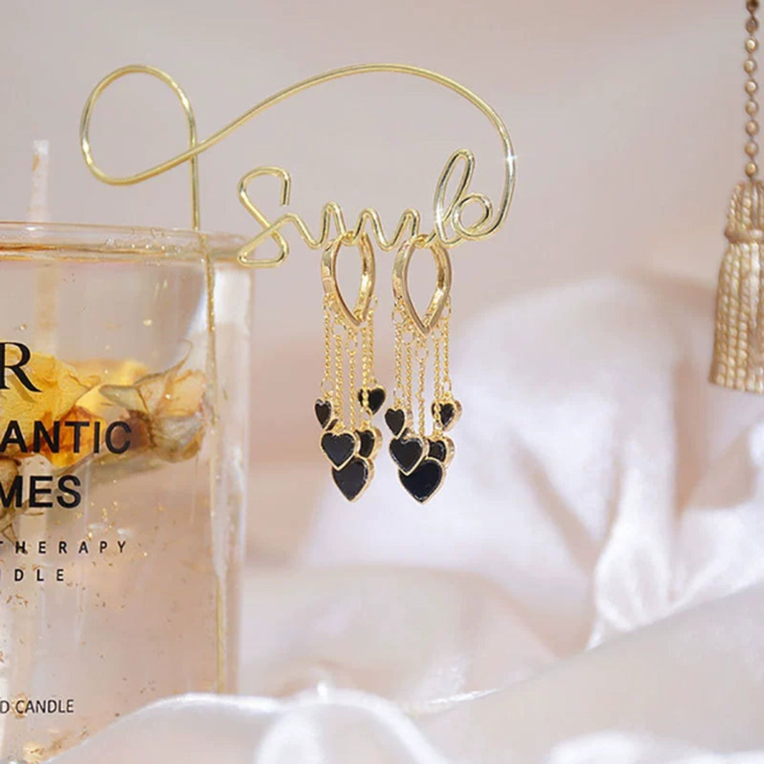 Gold Black Heart Fringe Earrings JLT13562