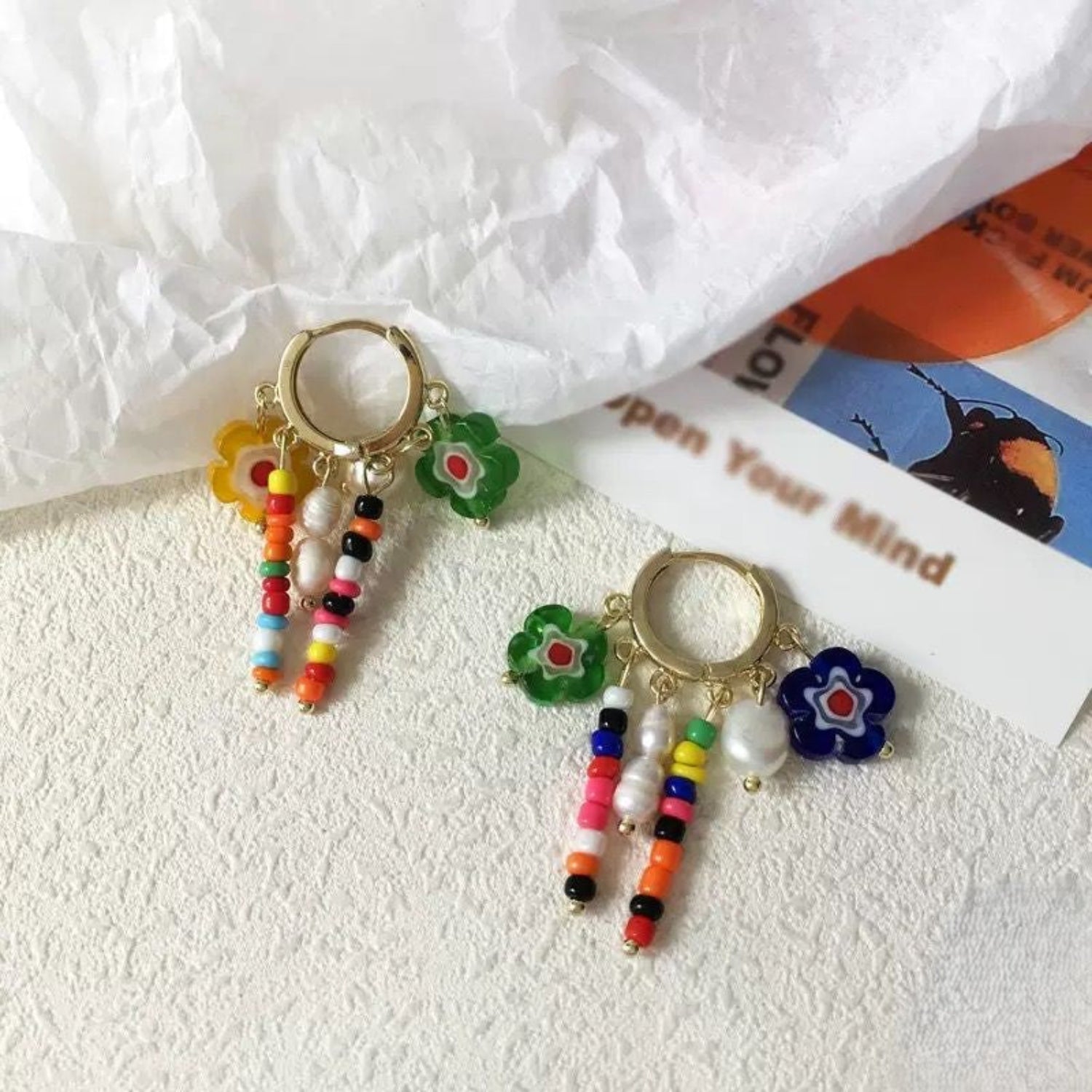 Colorful Beaded Floral Hoop Earrings JLT13569